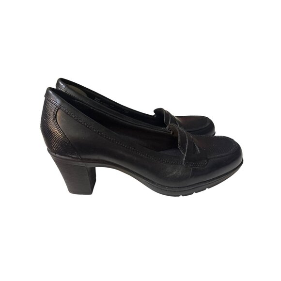 Clarks Black Textured Leather Heeled Loafers Women’s Size 9M - Picture 3 of 7